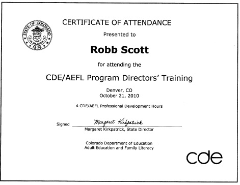 Certificate of Training from Colorado Department of Education