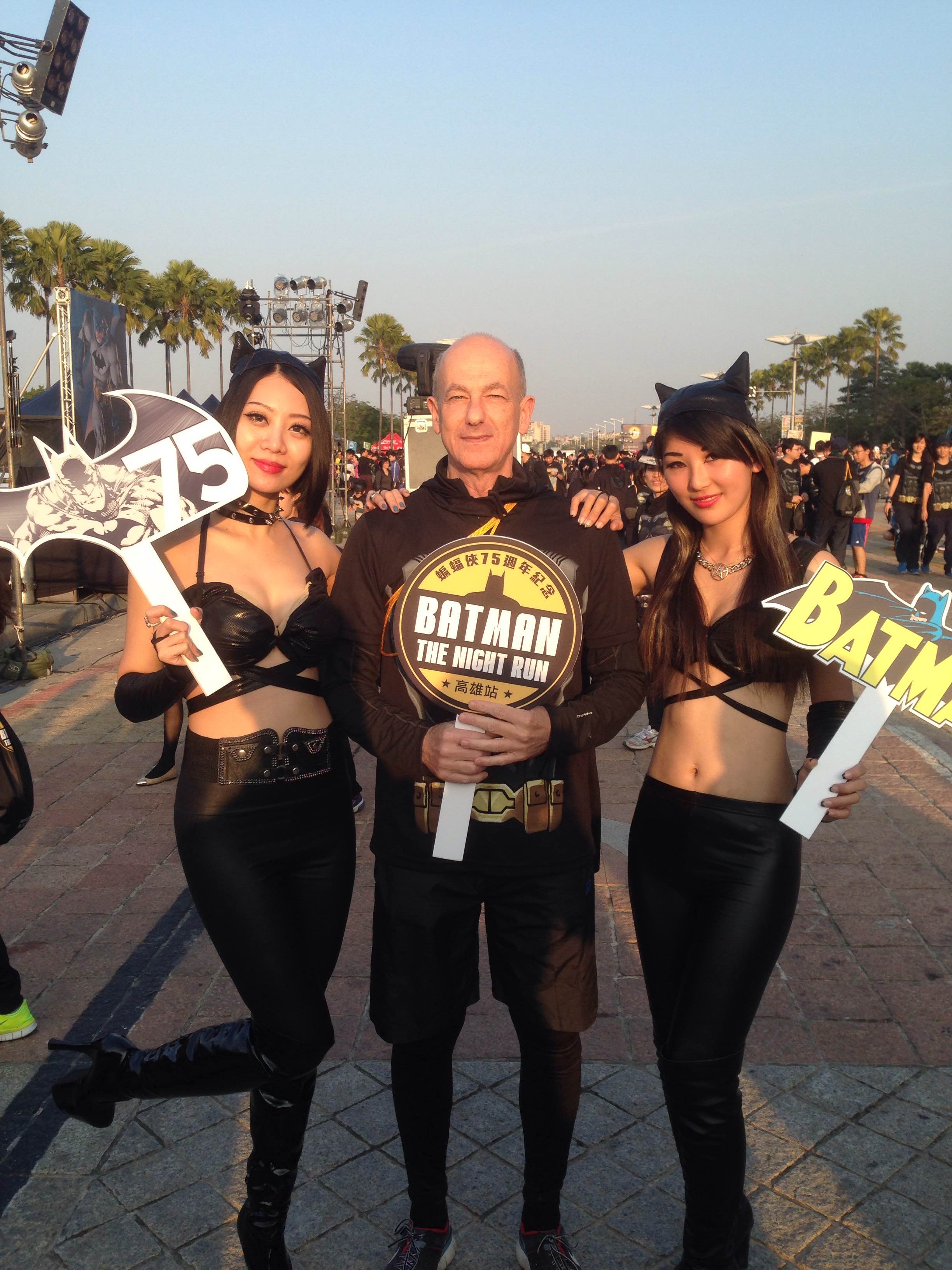 Dan Castelaz with two of his students after the big BAT RUN, in 2015, in Taiwan,where Dan teaches art!